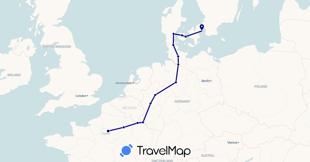 TravelMap itinerary: driving in Belgium, Germany, Denmark, France, Luxembourg (Europe)